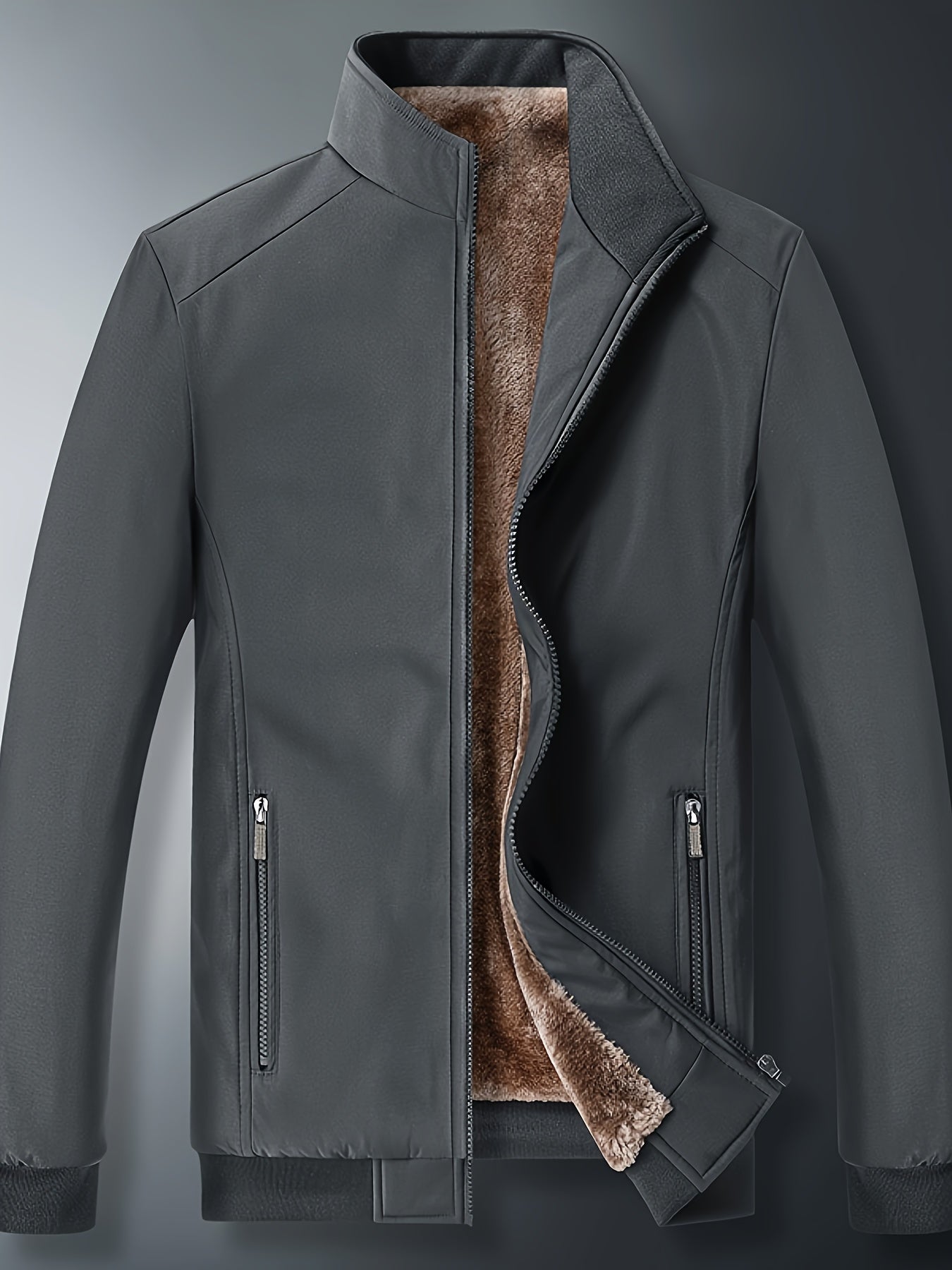 Chaqueta de color liso con cuello alto y forro polar para hombre, abrigo cálido de manga larga con cremallera, cárdigan cómodo y moderno a prueba de frío para otoño e invierno, ideal como regalo.