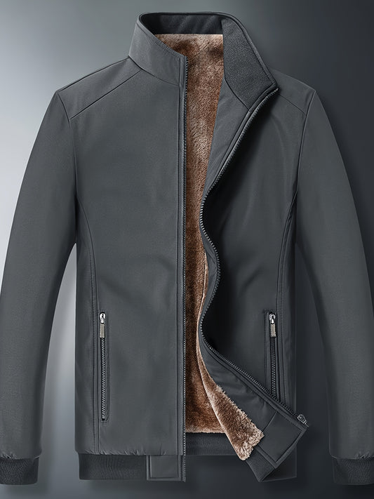 Chaqueta de color liso con cuello alto y forro polar para hombre, abrigo cálido de manga larga con cremallera, cárdigan cómodo y moderno a prueba de frío para otoño e invierno, ideal como regalo.