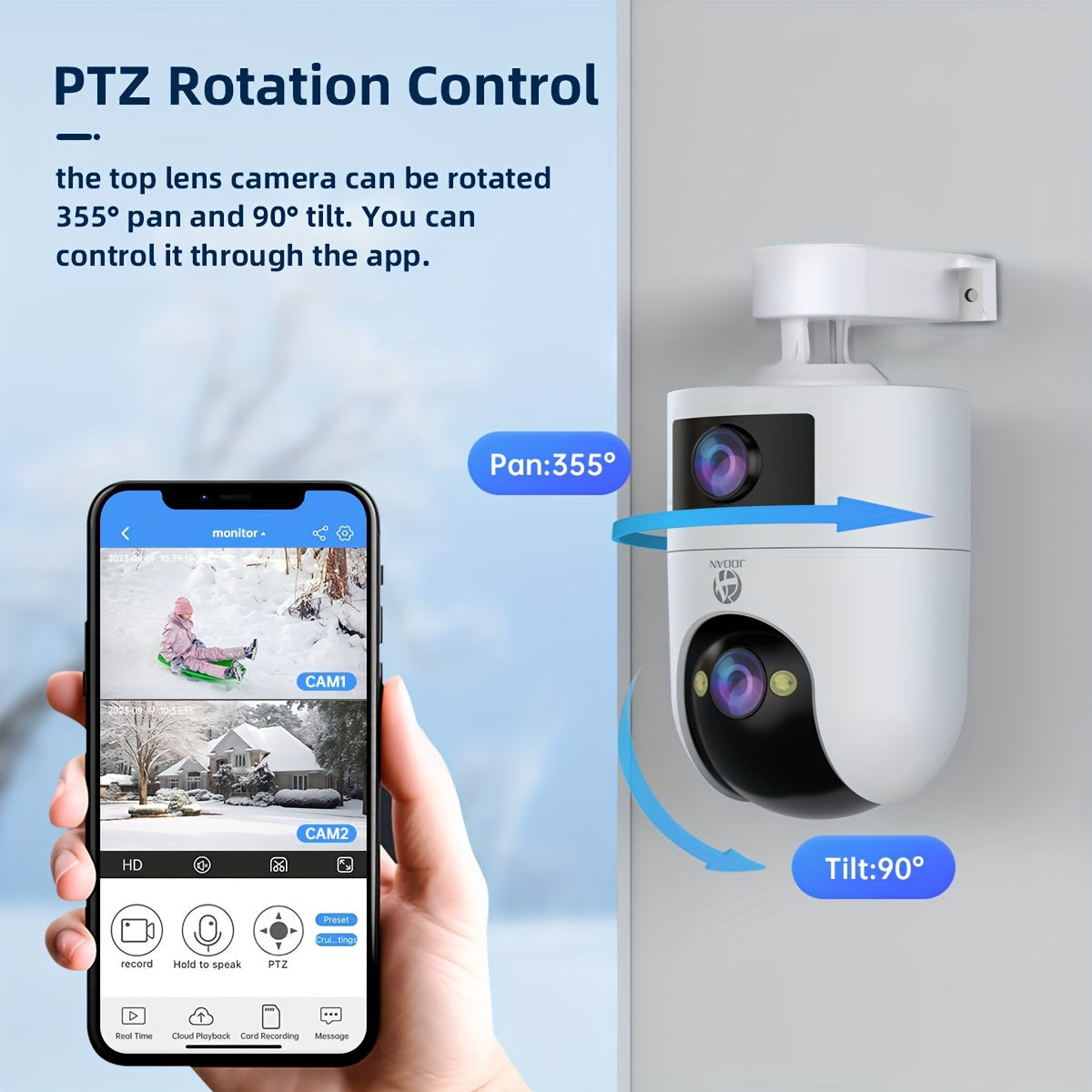 JOOAN 4K Outdoor Dual Lens PTZ WiFi Camera, 5G Compatible, Wall Hanging, 1296p Video, Two-Way Audio, HD Resolution, Application Control, Audio & Motion Alerts, Color Display, USB Power, without Battery, for Security Monitorin