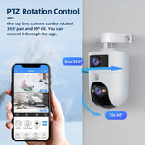 JOOAN 4K Outdoor Dual Lens PTZ WiFi Camera, 5G Compatible, Wall Hanging, 1296p Video, Two-Way Audio, HD Resolution, Application Control, Audio & Motion Alerts, Color Display, USB Power, without Battery, for Security Monitorin