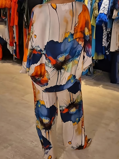 Elegant Floral Print Satin Two-Piece Set for Women - Crew Neck Top & Wide-Leg Pants, Machine Washable