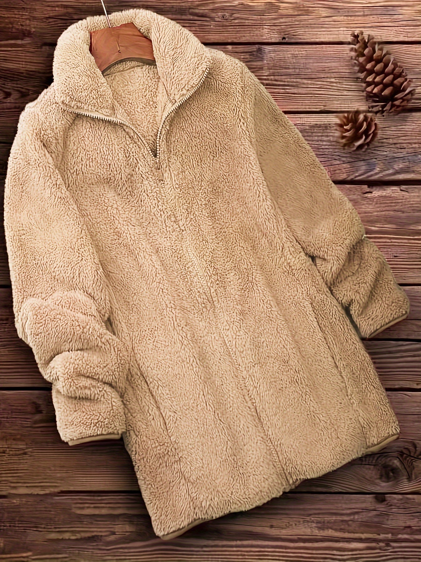 Plus Size Solid Color Fuzzy Coat, Casual Zipper Front Long Sleeve Warm Outerwear For Fall & Winter, Women's Plus Size Clothing