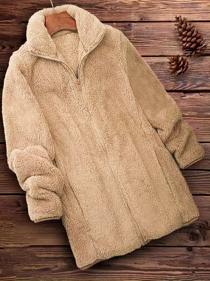 Plus Size Solid Color Fuzzy Coat, Casual Zipper Front Long Sleeve Warm Outerwear For Fall & Winter, Women's Plus Size Clothing