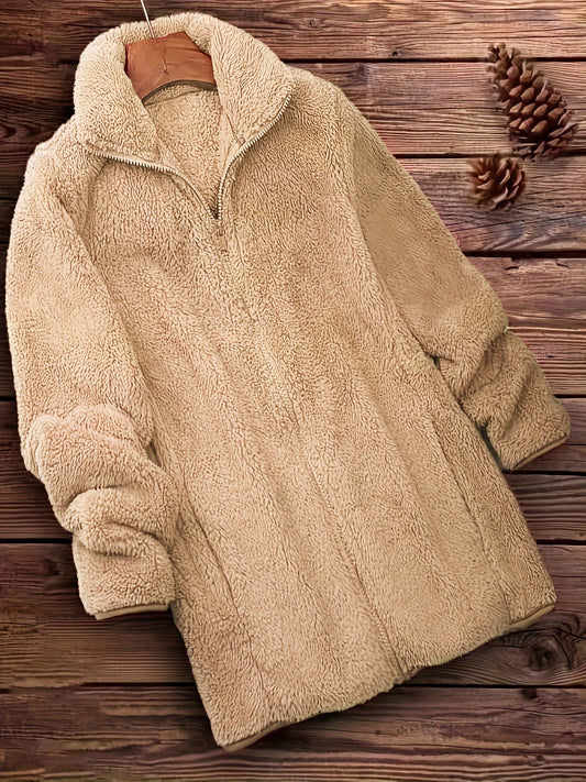 Abrigo afelpado de color liso de talla grande, informal, con cremallera frontal, manga larga, cálido, para otoño e invierno, ropa de talla grande para mujer.