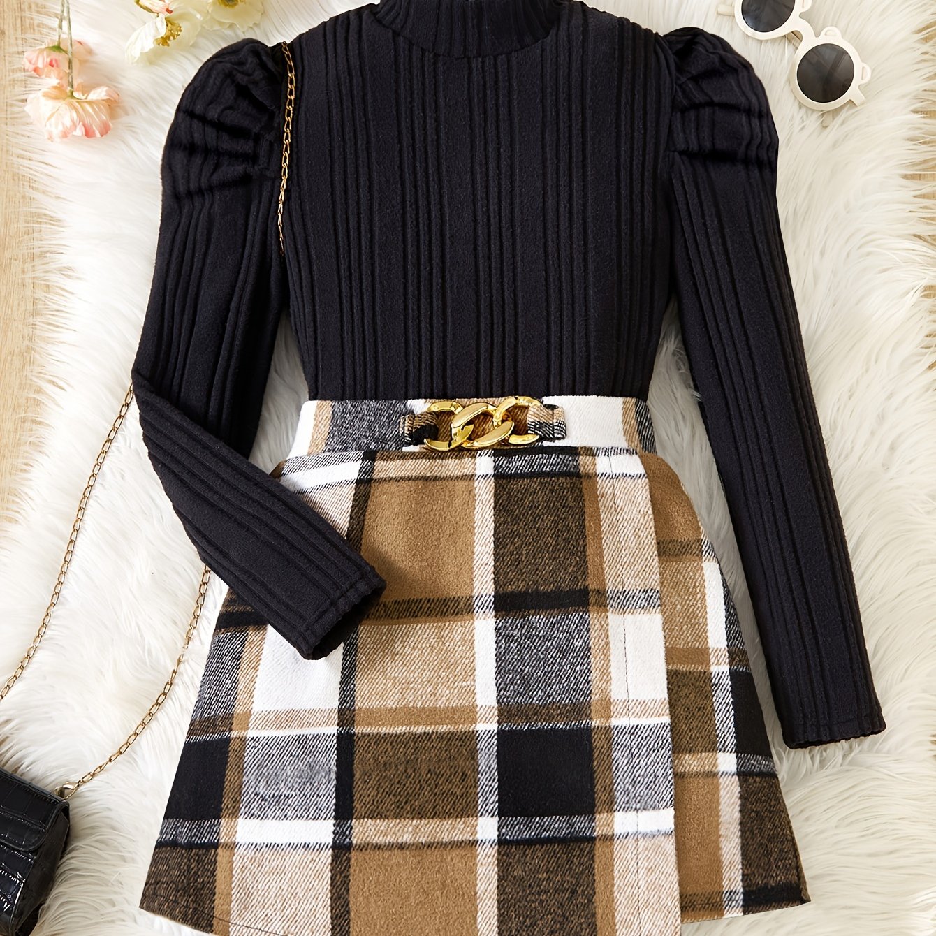 Elegant Girls' 2pcs Set: Mock Turtleneck Long Sleeve Top with Asymmetrical Plaid Skirt & Waist Detail - Machine Washable, Polyester Blend