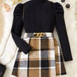 Elegant Girls' 2pcs Set: Mock Turtleneck Long Sleeve Top with Asymmetrical Plaid Skirt & Waist Detail - Machine Washable, Polyester Blend
