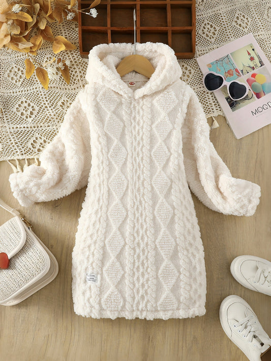 Elegant Hooded Long Sleeve Knit Midi Dress for Youth - Winter Warm Comfortable Polyester Solid Color Diamond Pattern Textured Dress with Regular Fit for Outdoor Wear, Thick