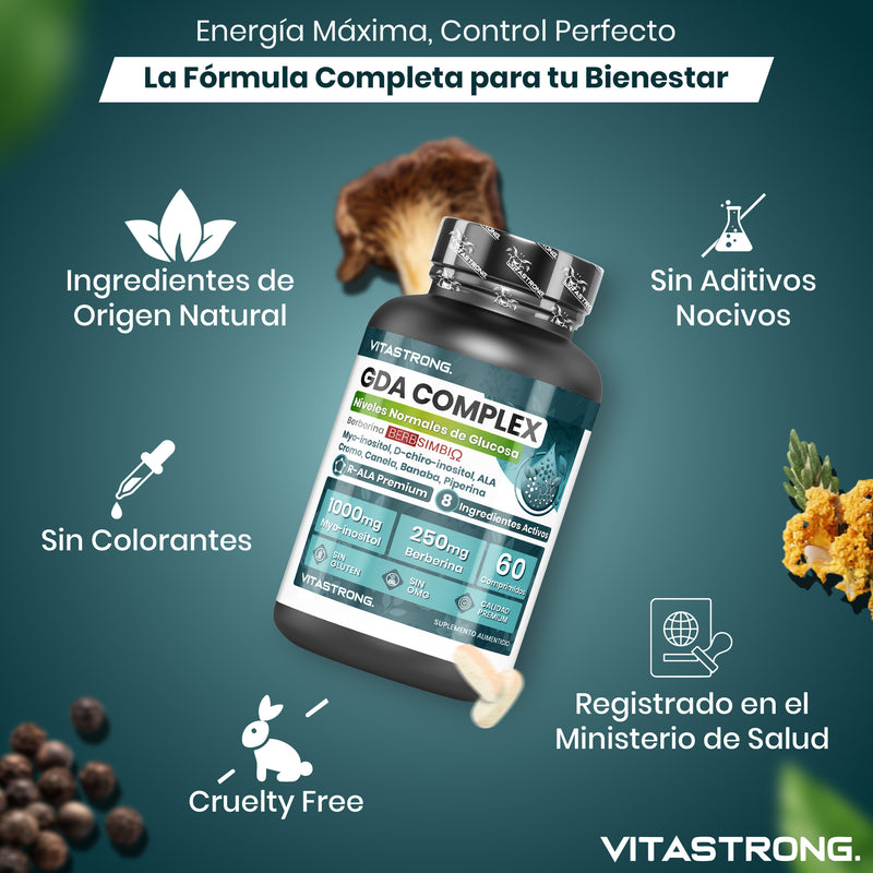 GDA Vitastrong Vegan Supplement, Berberine Lipid Complex with BerbSIMΒΙΩ 250mg, Myo-Inositol 1000mg, Alpha Lipoic Acid, Plant Extracts, Chromium for Normal Blood Glucose Levels, GMO-Free
