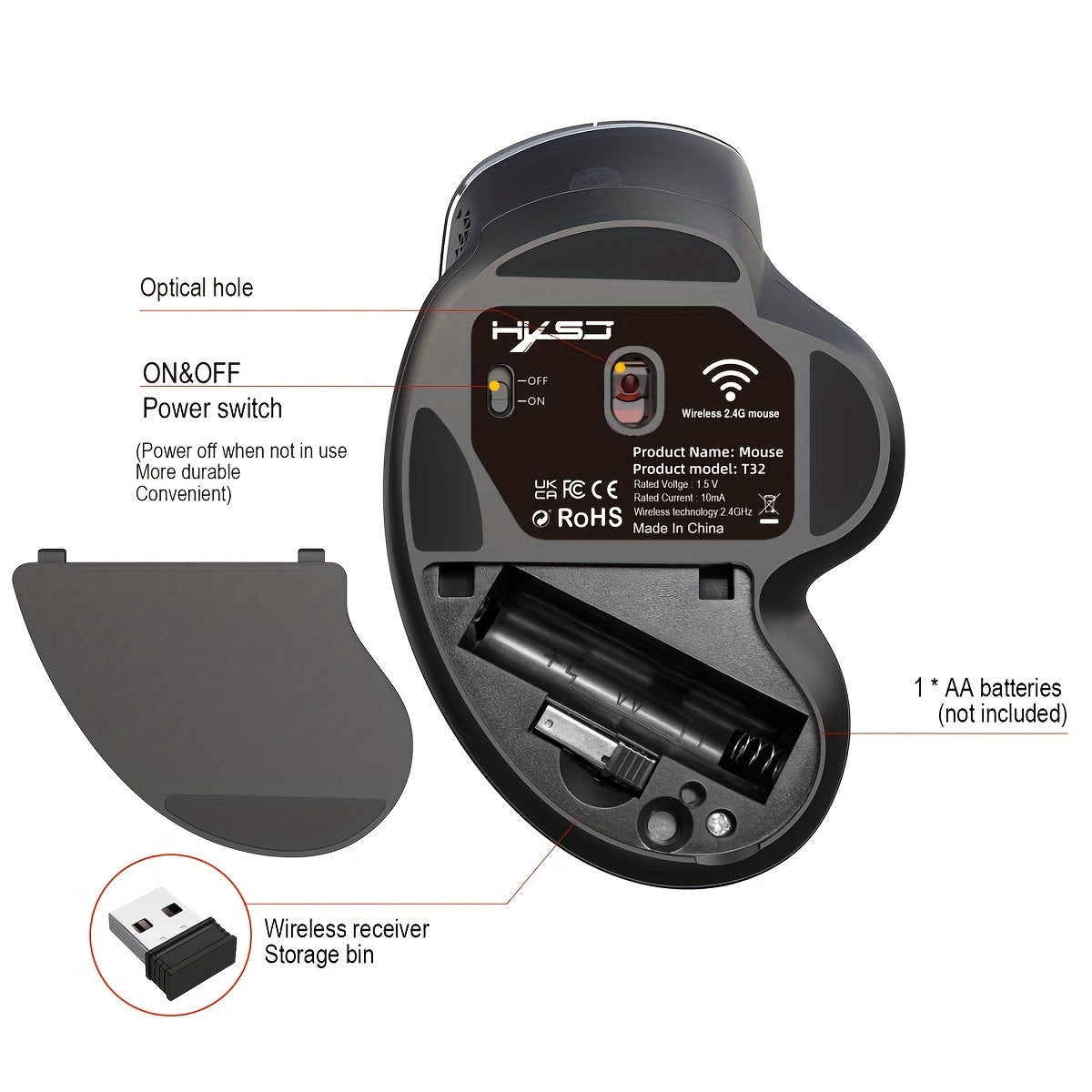 HXSJ New Ergonomic Mouse Side Metal Roller 2.4G Optoelectronic Vertical Mouse Suitable For Home Office Games Battery Not Included