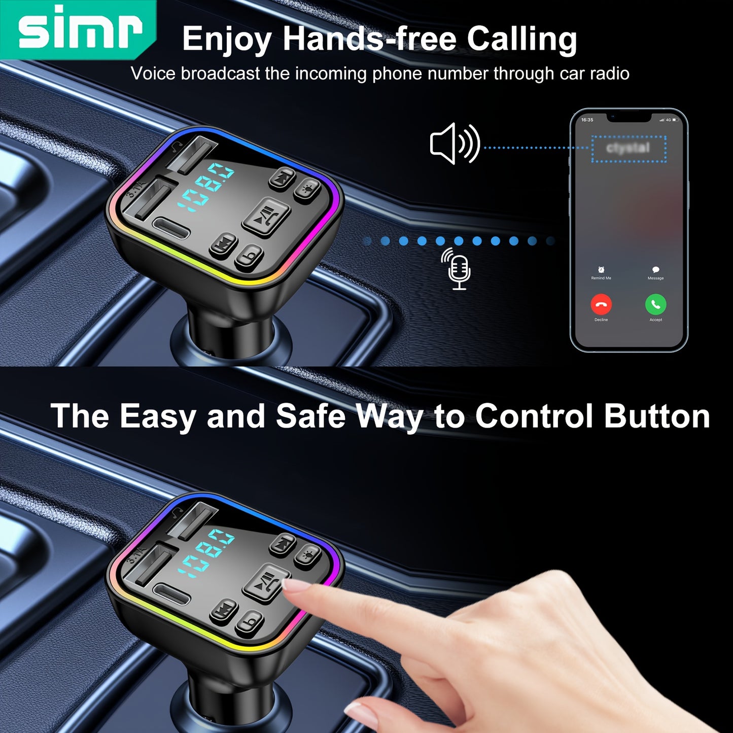 SIMR Wireless FM Transmitter Car Charger, Dual USB &amp; Type-C, 3.1A Fast Charging, MP3 Player, Hands-Free Calling, Audio Receiver with Ambient Light, USB Type-C Connector, Matte Finish, Female to Male Adapter