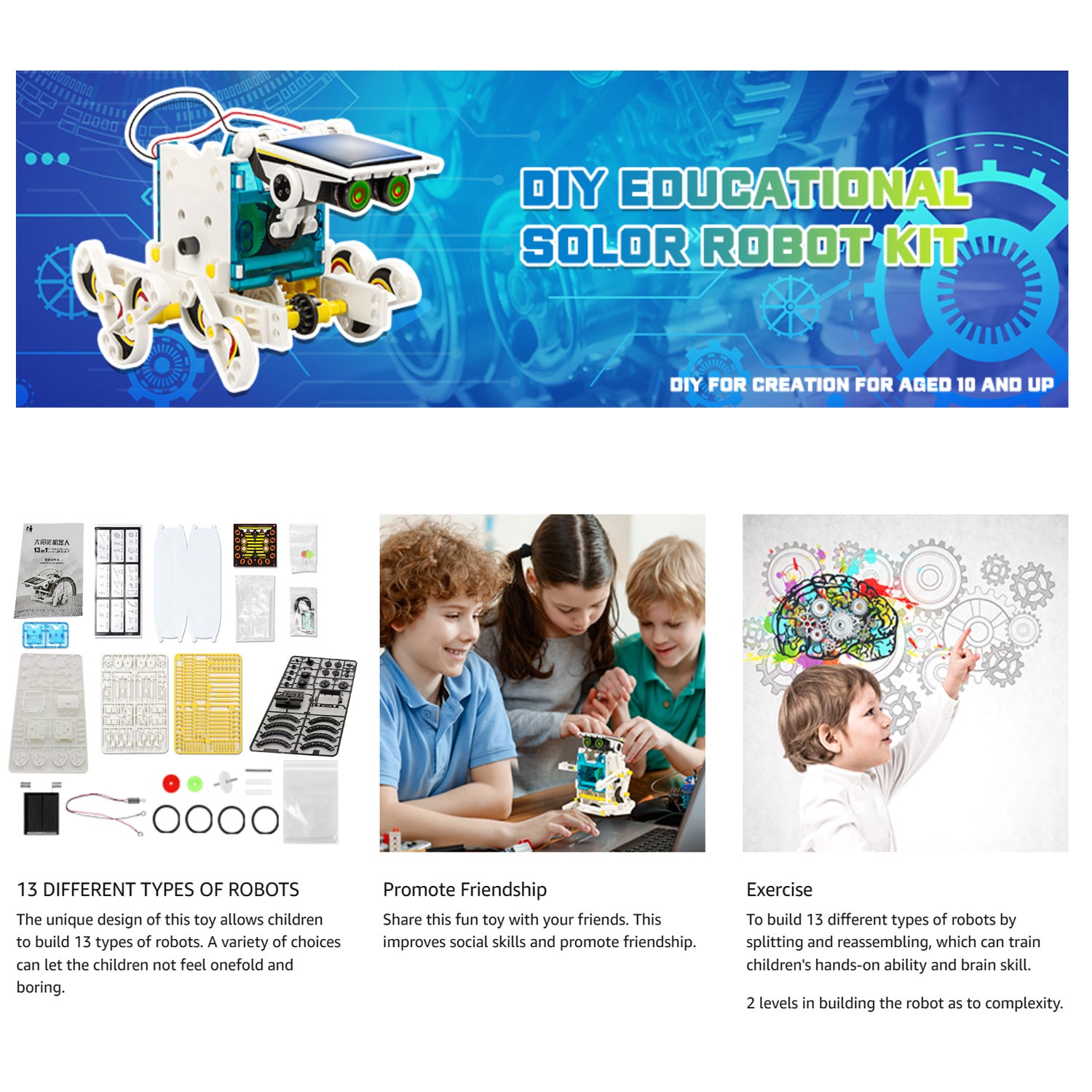 STEM 13-in-1 Solar Power Robots Creation Toy, Educational Experiment DIY Robotics Kit, Science Toy Solar + Battery Powered 2 Modes Building Robotic Set Kids To Build, Halloween, Christmas Gift