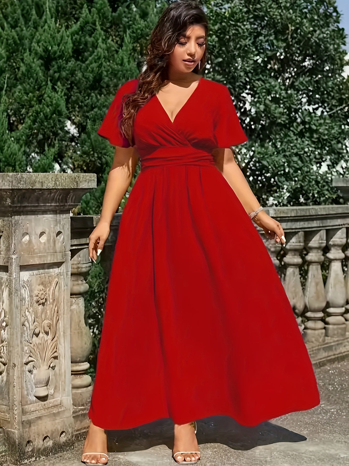 Elegant V-Neck Dress in Solid Color, Polyester, Machine Washable - All Seasons, Middle East Special Project Style, ALL/Global/All