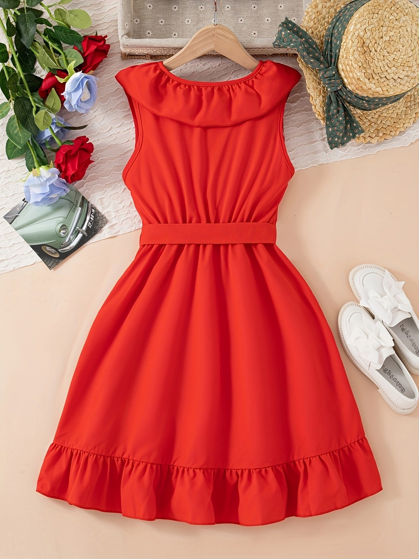 HWMFSNHFZ Elegant Girls Solid Ruffle Trim Sleeveless Belted Dress Summer Clothes Party