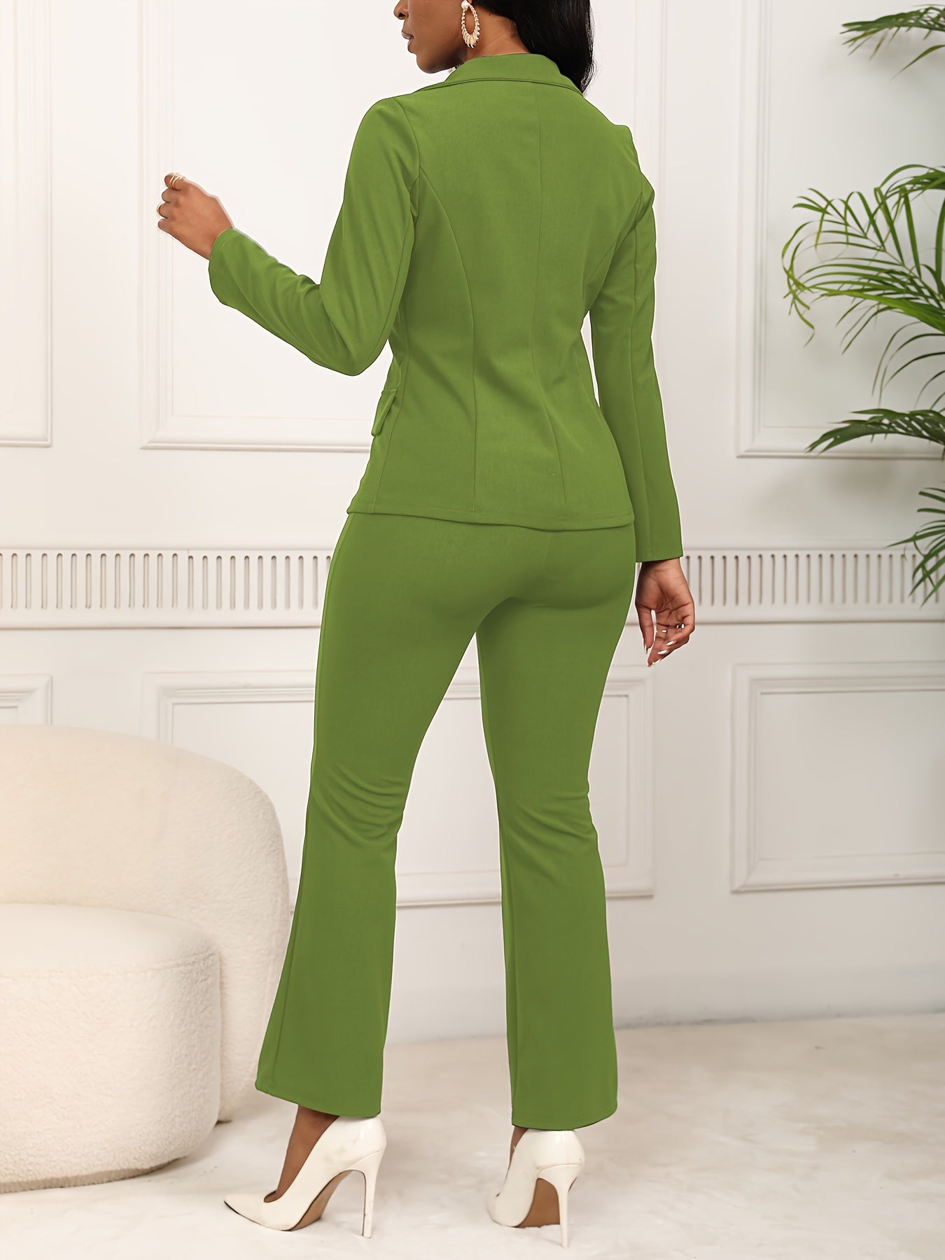 Elegant &amp; Chic Women's Work Suit Set - Long Sleeve Blazer with Faux Pockets &amp; Straight-Leg Pants, Stretchy Polyester Blend, Machine Washable