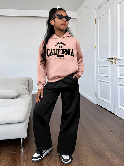Conjunto de sudadera con capucha y pantalón ancho para niña, informal, con estampado de letras y dibujos animados, 304, poliéster elástico, corte holgado, otoño/invierno, tejido de punto, ropa juvenil, para exteriores.