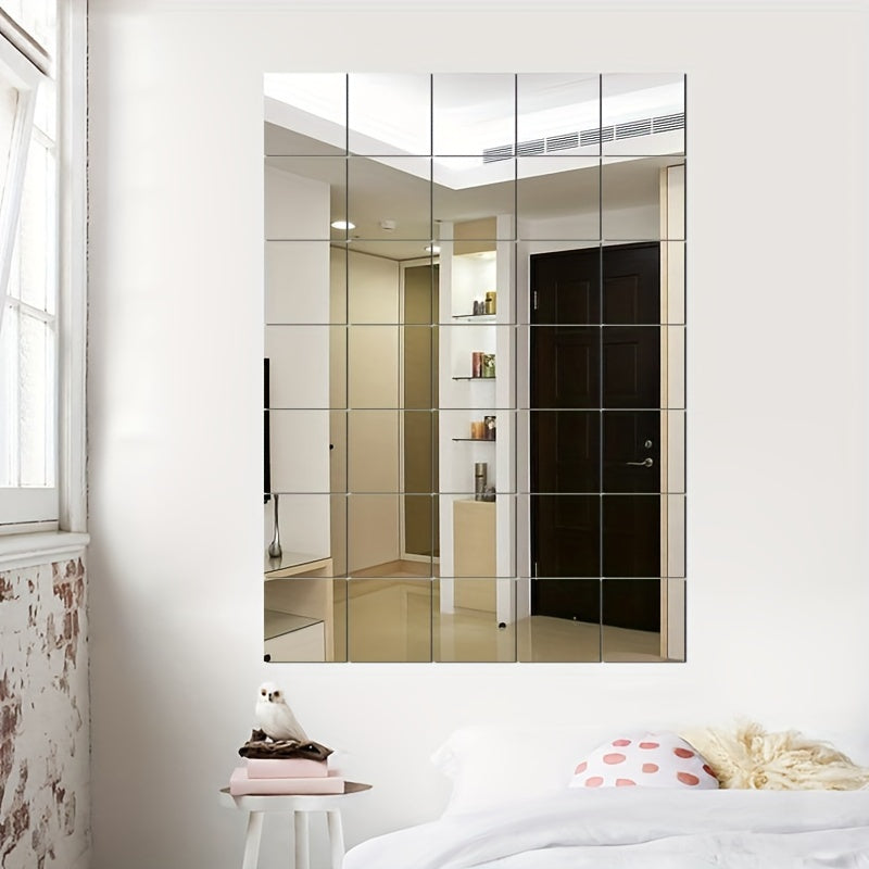 4pcs Set, 1mm Thick Square Acrylic Mirror Wall Decals - Shatterproof & Removable, Perfect for Bedroom, Living Room, Office, Kitchen, Bathroom, and Entryway Decor, Full-Length Dressing Mirror Stickers, 7.9x7.9 Inches