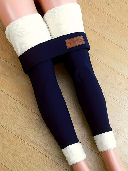 Women's Plush-Lined High Waist Leggings, Elastic And Comfortable, Casual Style Warm Pants For Winter, For Thermal Wear