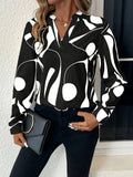 Geo Print V Neck Blouse, Casual Long Sleeve Blouse For Spring &amp; Fall, Women's Clothing