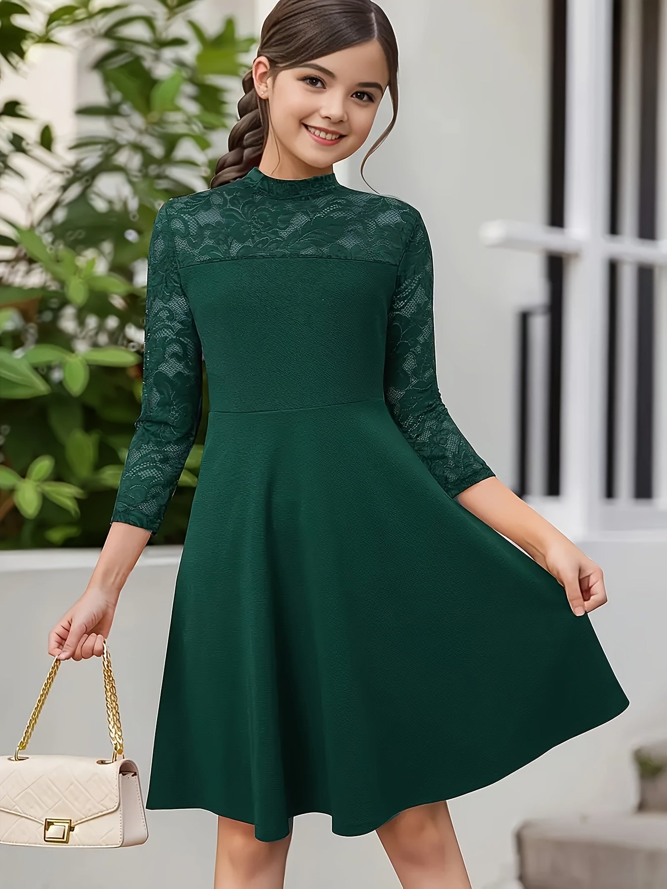 Elegante vestido de niña con encaje y cremallera, de corte A, color liso, mezcla de poliéster elástico, ideal para primavera, verano y otoño.