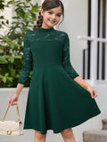 Elegant Girls' Lace-Trimmed A-Line Dress with Zipper - Solid Color, Stretchy Polyester Blend, Perfect for Spring/Summer/Fall