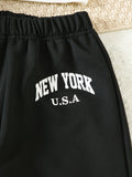 Girls' 3pcs Fashion Outfit, Short Hoodie and Tank Top with Athletic Pants Set, New York Print Casual Long Sleeve Top, Kids Spring/Summer/Autumn/Winter Clothing, Knitted Fabric, Stretchy, Letter Pattern, Regular Fit, Polyester