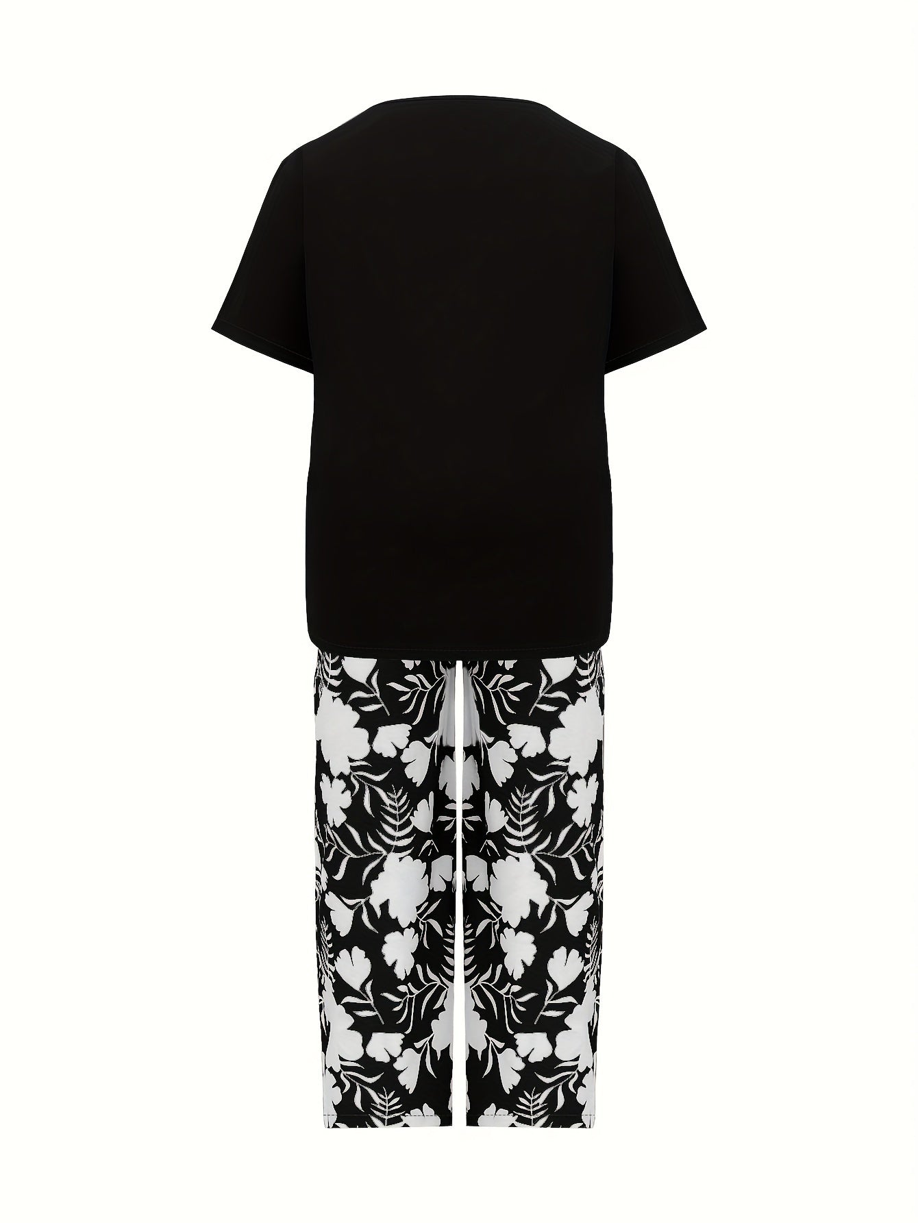 Plus Size Elegant Two-piece Set, Solid Crew Neck Short Sleeve Top & Floral Print Pants Outfits, Women's Plus Size Clothing