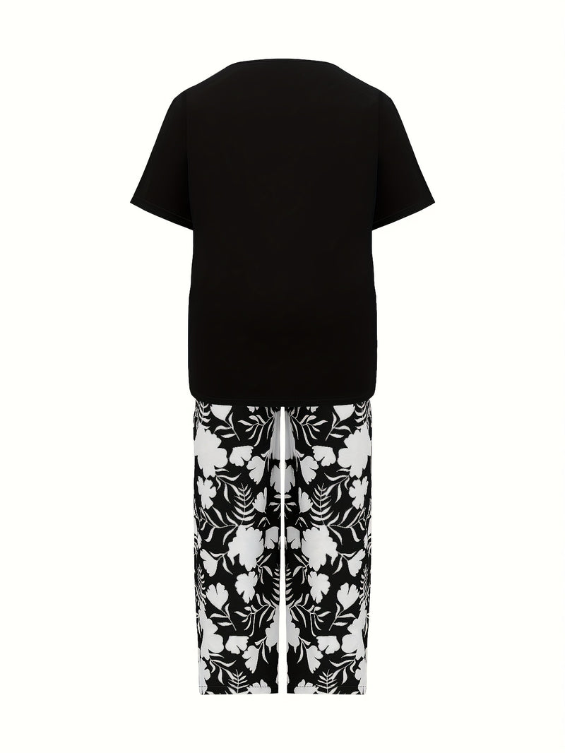 Plus Size Elegant Two-piece Set, Solid Crew Neck Short Sleeve Top & Floral Print Pants Outfits, Women's Plus Size Clothing