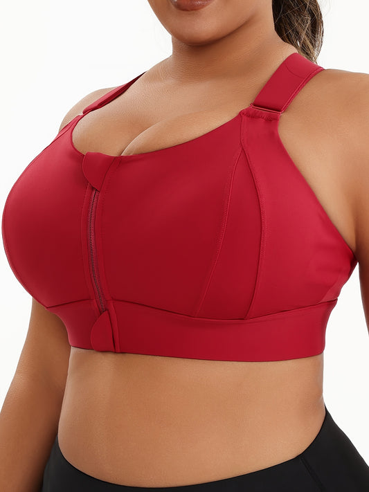 Plus Size Front Zip Sports Bra, High Elasticity Solid Color Fitness Bra, Yoga Athletic Underwear, Padded Yoga Bra, Stylish Racerback Sports Bra With Adjustable Straps