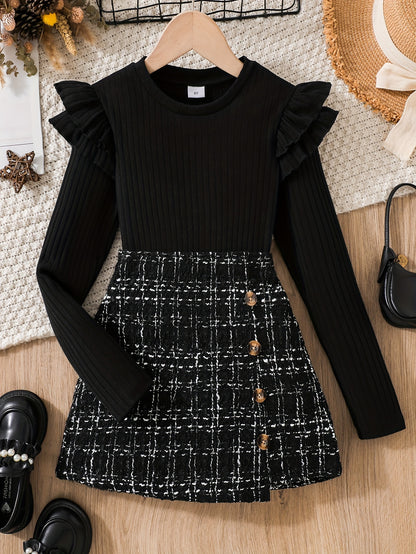 Conjunto de 2 piezas: top de manga larga con volantes y falda de punto de tweed - Ropa de primavera/otoño, atuendo para niñas al aire libre, regalo