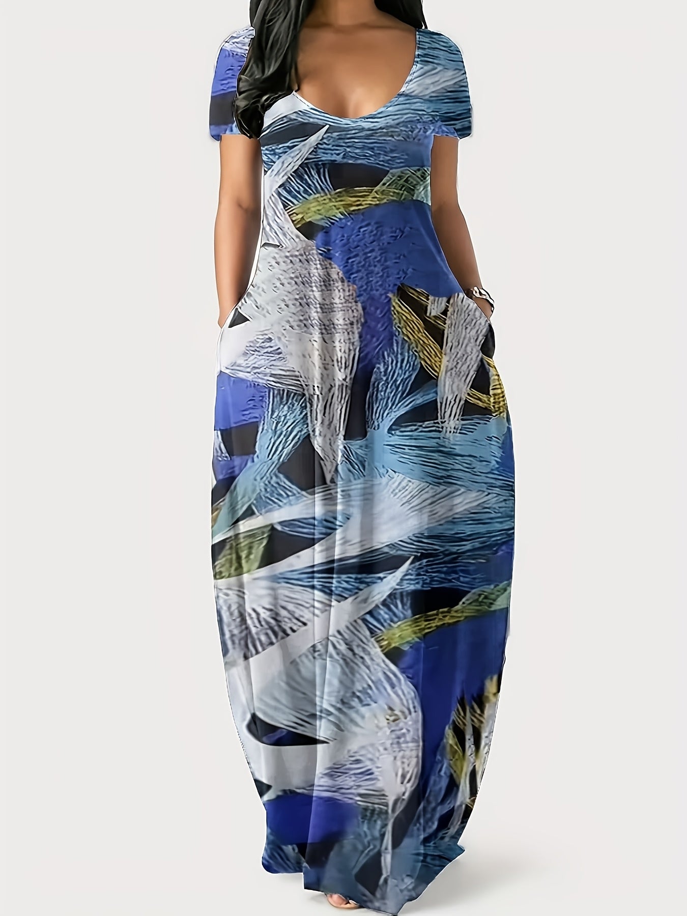 [1pc Plus Size Geometric Print Maxi Dress] 1pc Plus Size Geometric Print Maxi Dress, Stretchy Polyester Knit, Round Neck, Short Sleeve, Casual Loose Fit with Pockets, All-Season Versatile Style