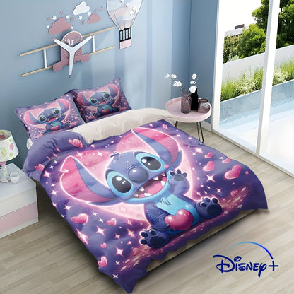 Valentine'S Day Disney 3pcs Bedding Set Featuring Stitch And Angel Cartoons, Which Includes 1 Duvet Cover And 2 Pillowcases. This Super Soft Bedding Is Perfect for Bedrooms And Guest Rooms, Making It an Ideal Gift for Family.