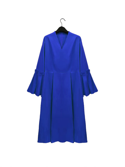 Plus Size Solid Color Dress, Elegant Flare Sleeve V Neck Dress For Spring & Fall, Women's Plus Size Clothing