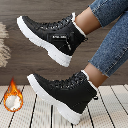 Women's Side Zipper Winter Thermal Snow Boots With Fleece Lining, Height Increased Thick-soled Platform Comfortable Lace-up Mid-tube Boots