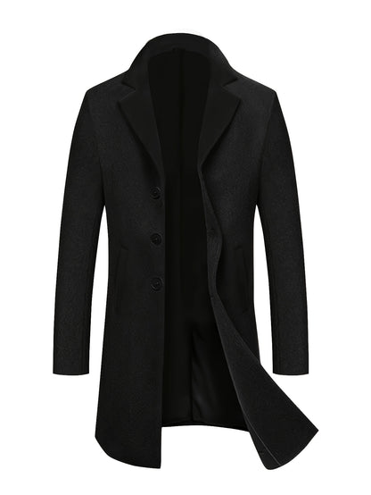 Men'S Classic Single-Breasted Trench Coat, Polyester 100% Solid Color, Casual Lapel Collar, Regular Fit, Non-Stretch Woven Fabric, Business Casual Fall/Winter Outerwear