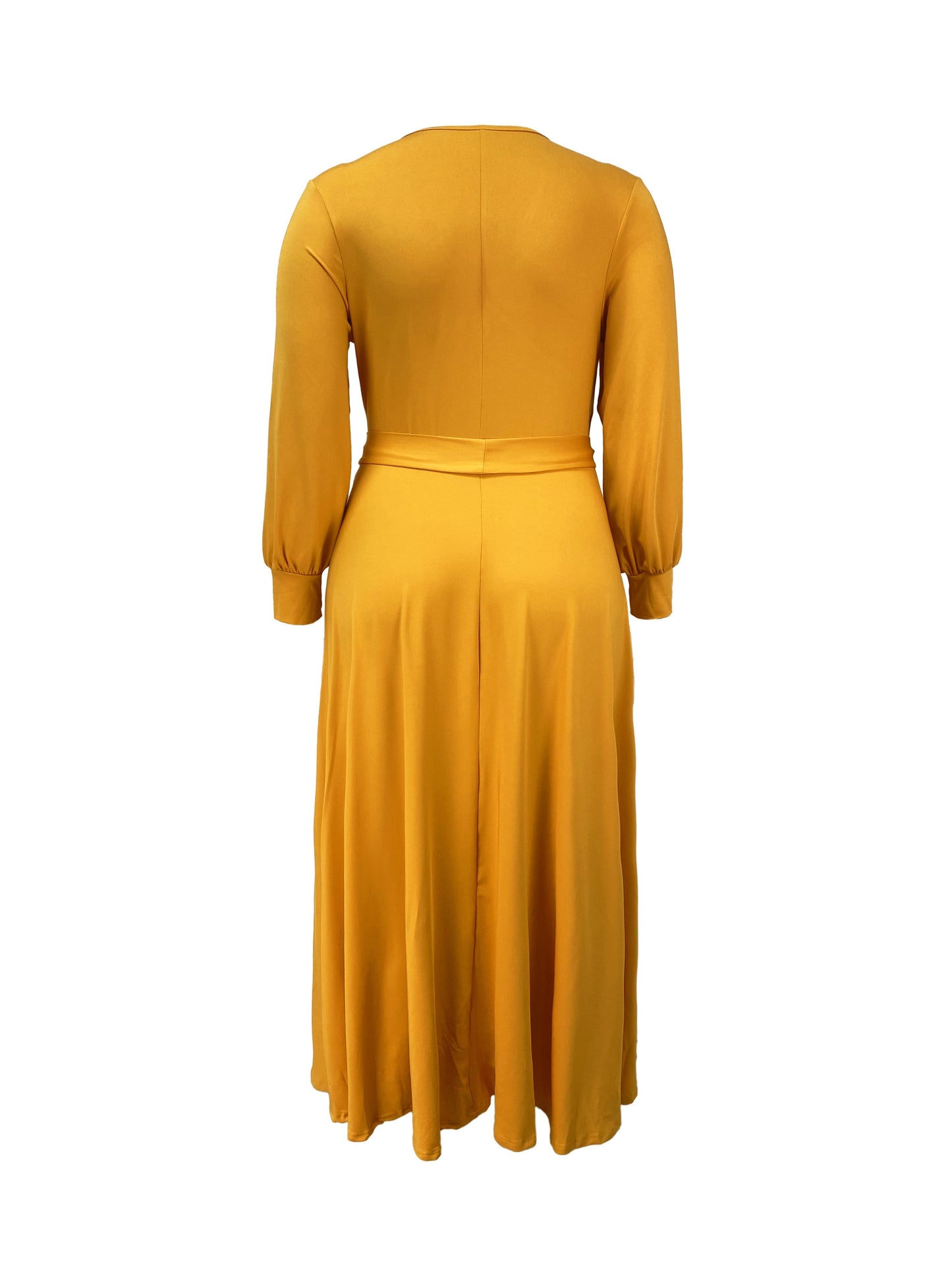 Plus Size Solid Color Tie Waist Dress, Elegant Long Sleeve Surplice Neck Maxi Dress For Spring & Fall, Women's Plus Size Clothing