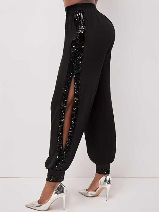Elegantes pantalones bombachos de talla grande para mujer con detalle de lentejuelas, cintura alta, mezcla de poliéster elástico, lavables a máquina.