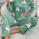 [Home Relaxation] Cozy & Warm Women's Fleece Pajama Set in Green with White Cartoon Rabbit Pattern - Soft Polyester, Anti-Static, Machine Washable - Elegant Home Loungewear with Round Neck Top & Pants for Fall/Winter, Plus Si