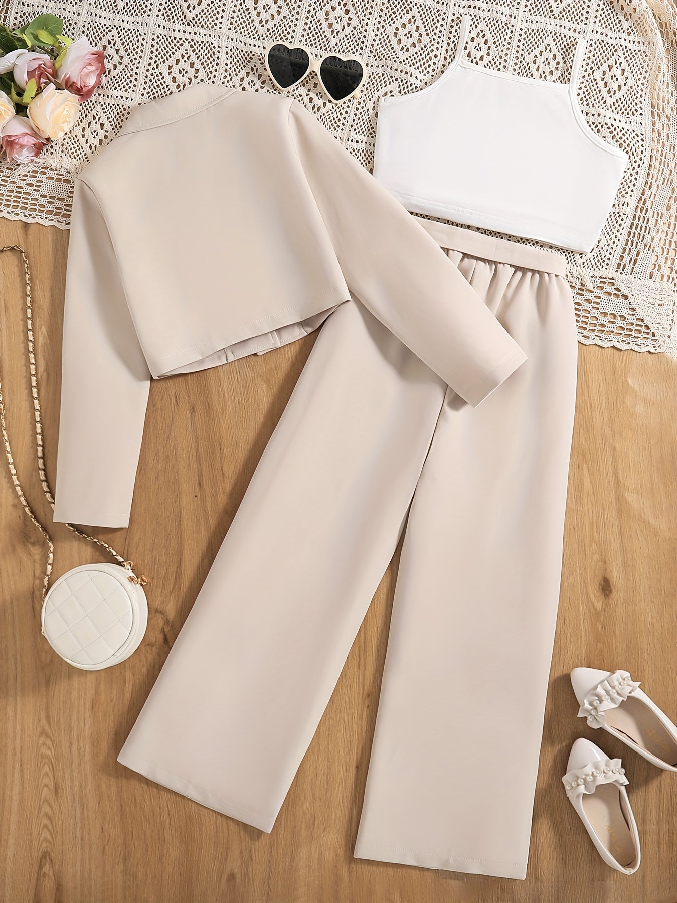 Conjunto elegante de otoño para niña de 3 piezas: blazer corto de poliéster con cinturón, camisola sin mangas, pantalón recto, corte entallado, color liso, ideal para primavera/otoño.