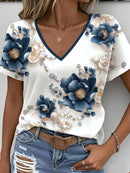 Women's Summer Top Fashion Design Simple Date Romantic Free Style Cute T-Shirt Artistic Casual Commute Vacation Style Versatile Blue Floral Print V-Neck Tee