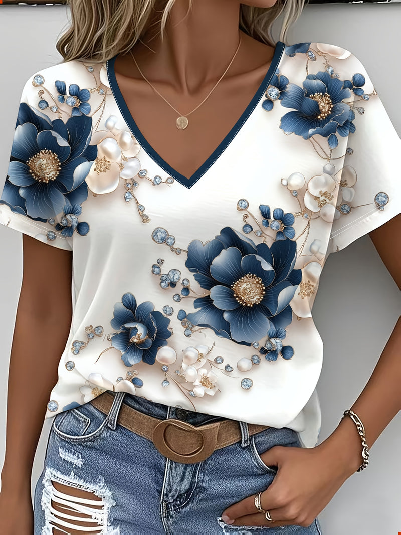 Women's Summer Top Fashion Design Simple Date Romantic Free Style Cute T-Shirt Artistic Casual Commute Vacation Style Versatile Blue Floral Print V-Neck Tee