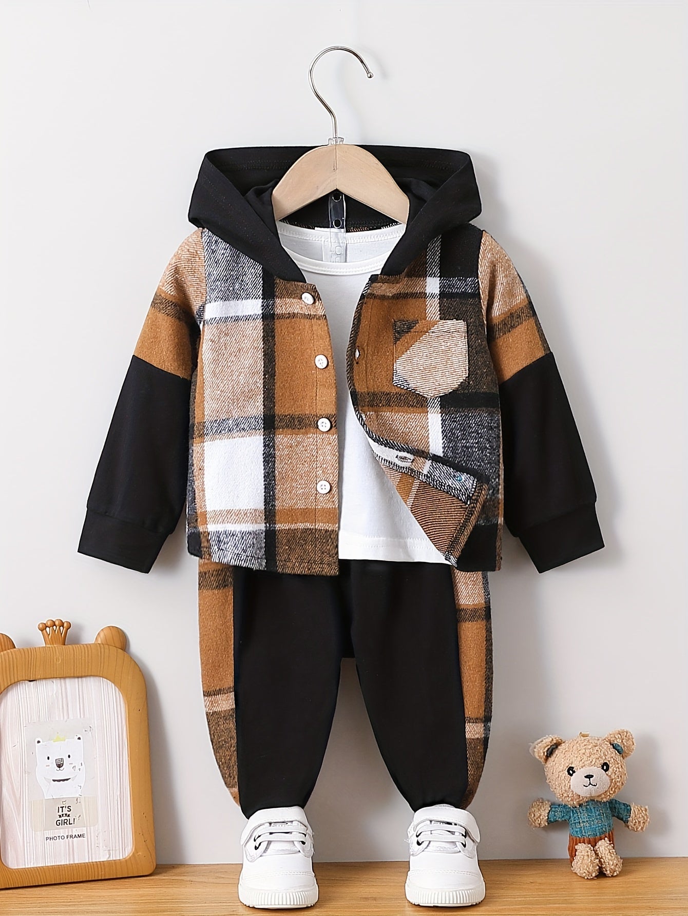 Toddler Baby Boys Stylish Hooded Plaid Long Sleeve Top & Pants Casual Outdoor Set, Winter/fall