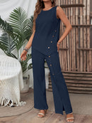Women's Summer Irregular Hem Buttonless Sleeveless Shirt and Loose Straight Pants Set