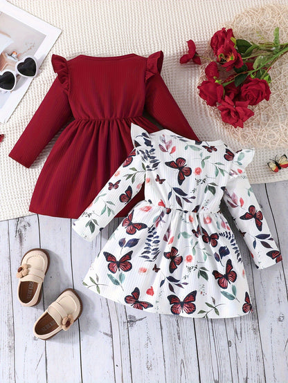 Two-piece Set Baby Girls Simple and Cute New Spring and Autumn Rose Butterfly Pattern Printed Small Flying Sleeve Round Neck Dress Solid Color Groove Dress Combination Set