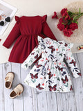 Conjunto de dos piezas para niñas pequeñas, sencillo y bonito, nuevo, de primavera y otoño, con estampado de mariposas rosas, mangas pequeñas con vuelo, vestido de cuello redondo, vestido de color liso con ranuras, conjunto combinado
