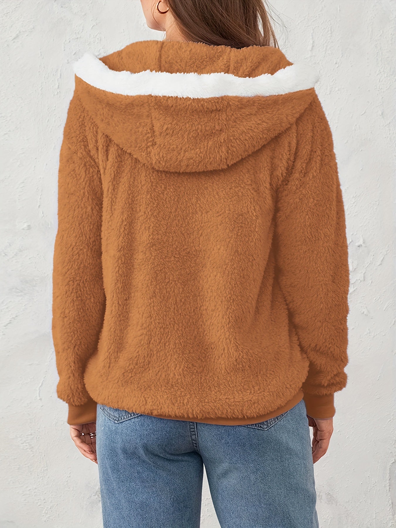 Plus Size Fuzzy Hooded Coat, Casual Long Sleeve Zipper Coat With Pockets, Women's Plus Size Clothing