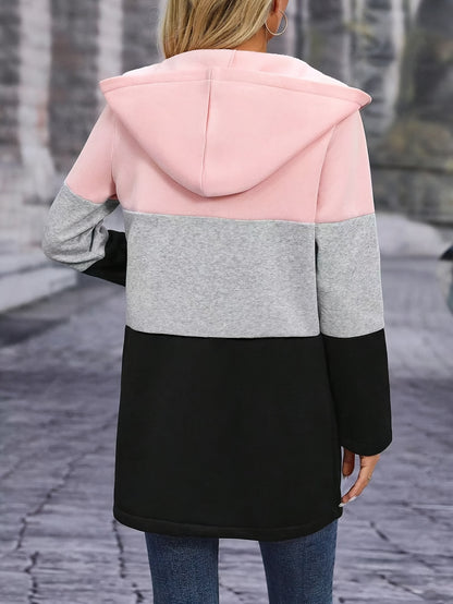 Women'S Fashion Color Block Hooded Jacket, Polyester Knit Coat, Casual Pullover with Hood, Autumn/Winter Outerwear, Elegant Style, Color Contrast Design