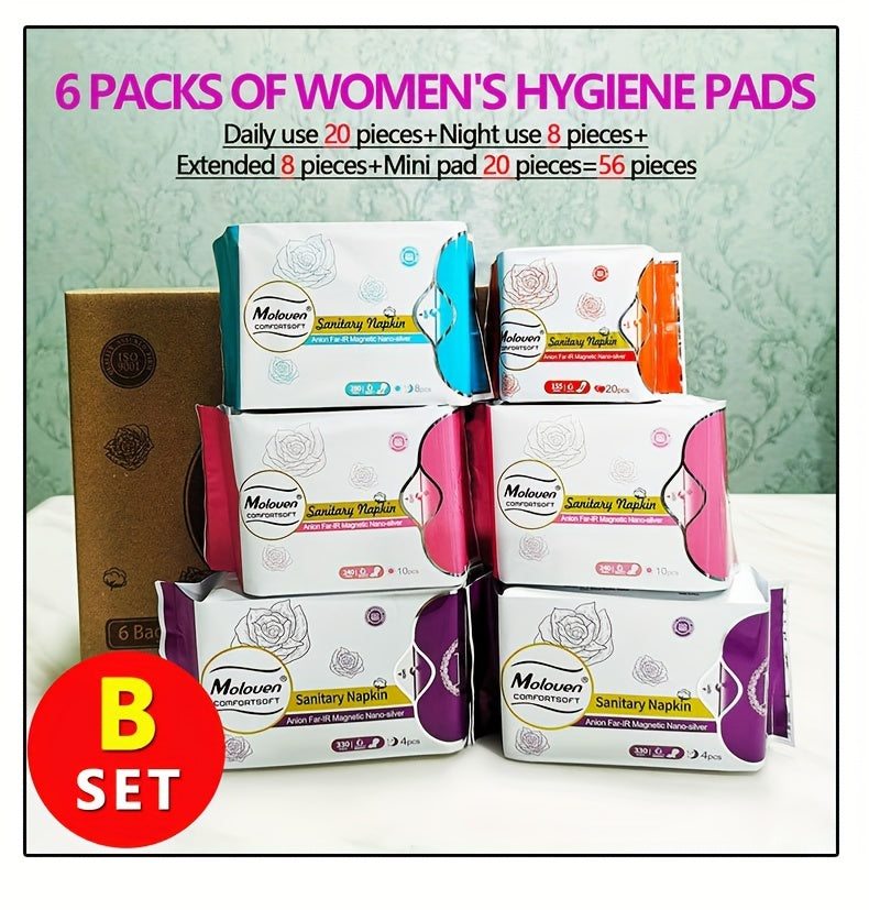 6-Pack Moloven Women'S Sanitary Napkins, 60/56pcs, Ultra-Thin Wings, Soft Comfort, Overnight Absorbent Menstrual Protection, Fragrance-Free, Disposable, Travel Size, Woven Fabric, Non-Woven Material, Pad Format