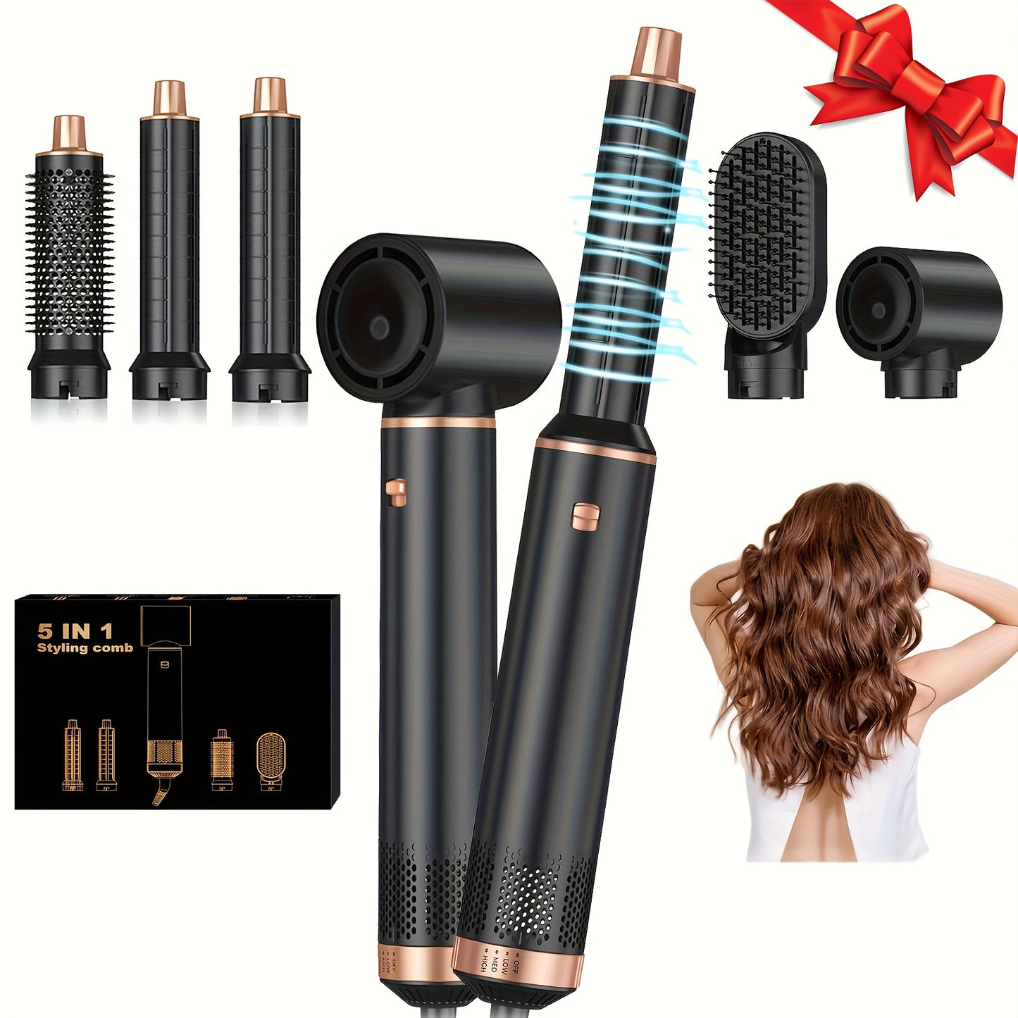 UKLISS 5-in-1 Hot Air Styler Brush Set with Airflow Curler, Round Brush, Straightener, Dryer Attachments, 220V, European Plug, 800W, Non-Battery Operated Multi-Function Hair Styling Tools