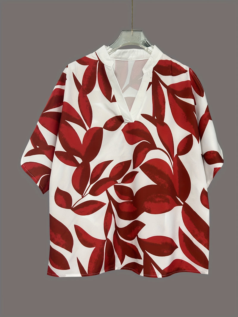 Stylish Women'S V-Neck Blouse - Floral Print, Short Sleeve, Lightweight Polyester, Perfect for Spring/Summer, Red & White Design, Elegant Shirt for Casual or Office Wea