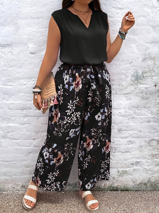 Women's Large Size Solid Color V-Neck Sleeveless Shirt and Floral Print Wide Leg Pants 2pcs Set for Summer